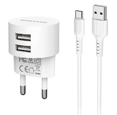 Сетевое зарядное устройство Borofone ba23a brilliant 2xusb, 2.4а + кабель type-c, 1м, белый 0L-00044347 23752-BA23AWT 7933 - фото 11210