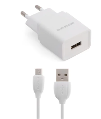 Сетевое зарядное устройство Borofone ba19a nimble 1xusb, 1а + кабель microusb, 1м, белый 0L-00048558 23752-BA19AWM 7934 - фото 11211