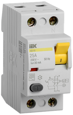 Выключатель дифференциального тока (УЗО) 2п АС 25А 30мА ВД1-63 IEK MDV10-2-025-030 - фото 5273
