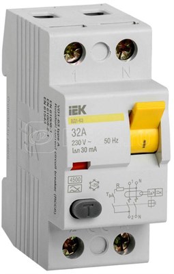 Выключатель дифференциального тока (УЗО) 2п АС 32А 30мА ВД1-63 IEK MDV11-2-032-030 - фото 5276