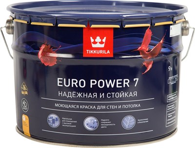 Краска ВД для стен и потолков моющаяся Euro Power 7 С Tikkurila белая матовая 9 л - фото 6271