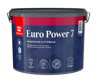 Краска ВД для стен и потолков моющаяся Euro Power 7 А Tikkurila белая матовая 9 л - фото 7359